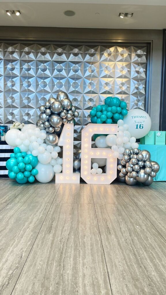 balloon decor and marquee numbers for birthday celebrations