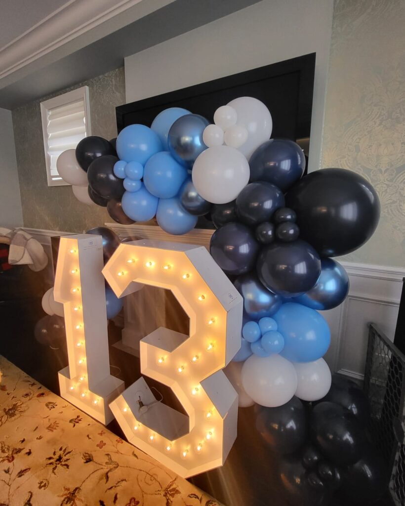 marquee numbers and balloon decor
